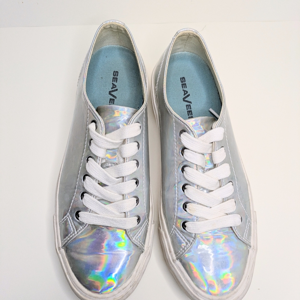 Silver Holographic Platform Sneakers Tennis Shoes SEAVEES women's 8.5 - Picture 6 of 8